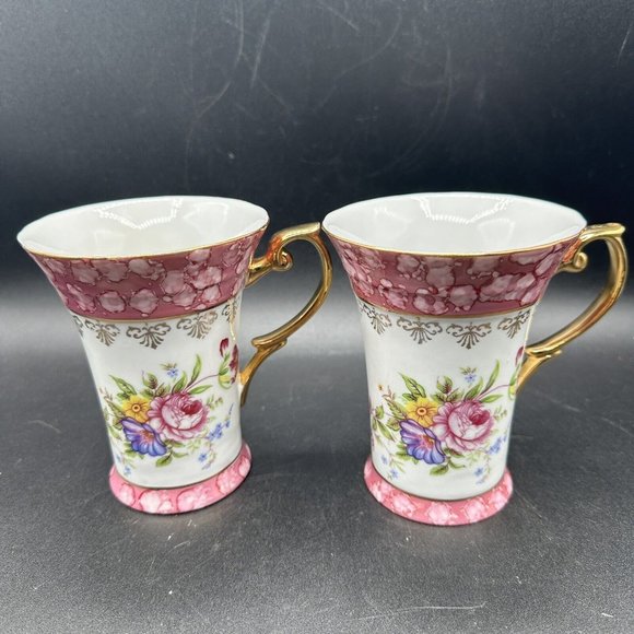 Vintage Imperial Japan Floral Design Coffee Tea Cups Mugs Pink Roses Gold Handle - Picture 1 of 14